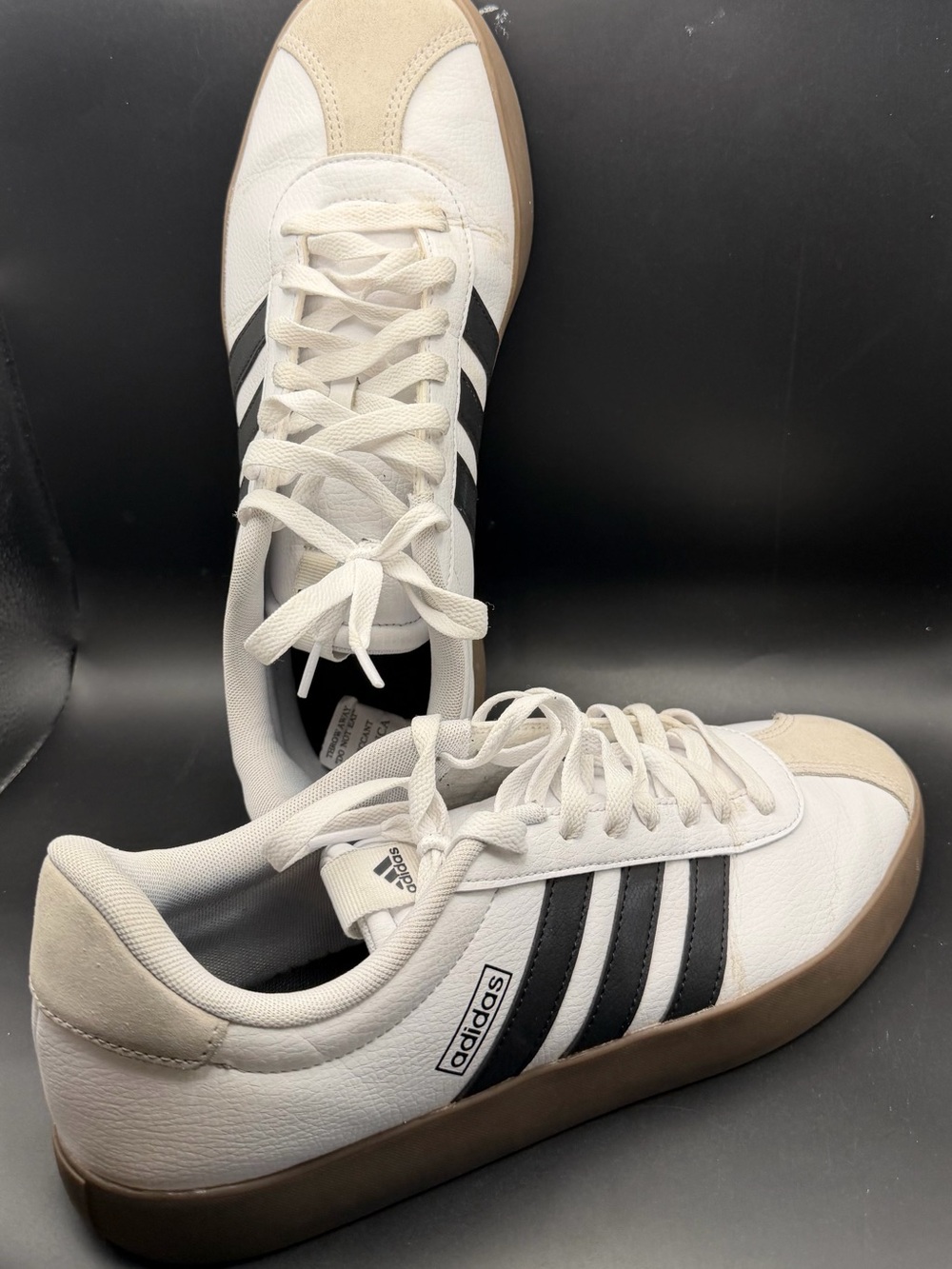 adidas Men’s White Athletic Sneakers with Black Stripes and Beige Toe -size 11
